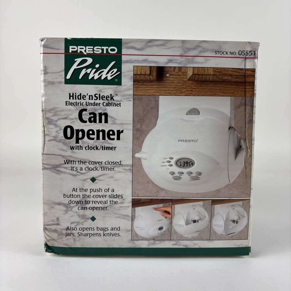 Presto Pride Hide N Seek Electric Under Cabinet Can Opener 05651 Clock Bag Open